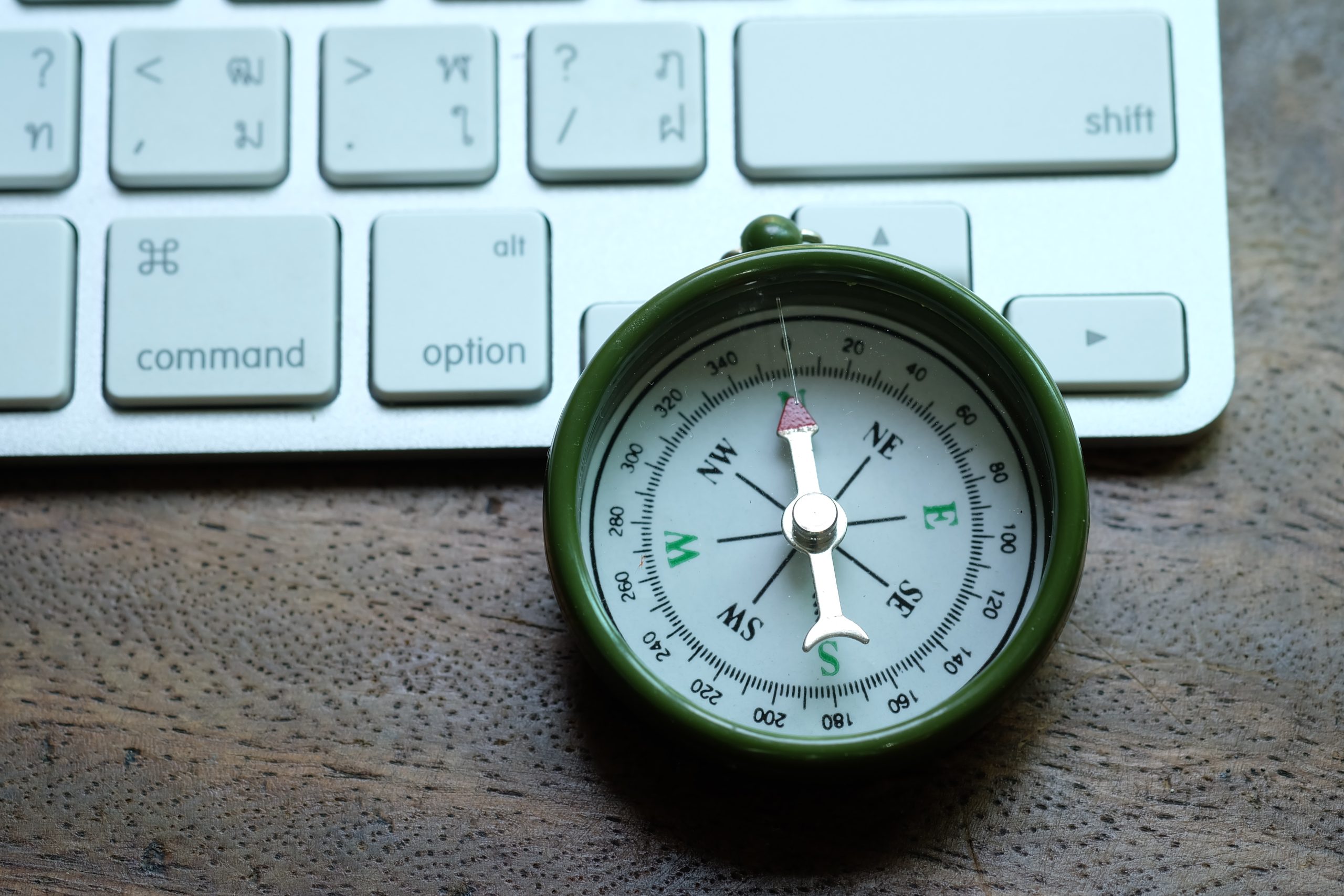 Creative workspace desk with keyboard  and compass